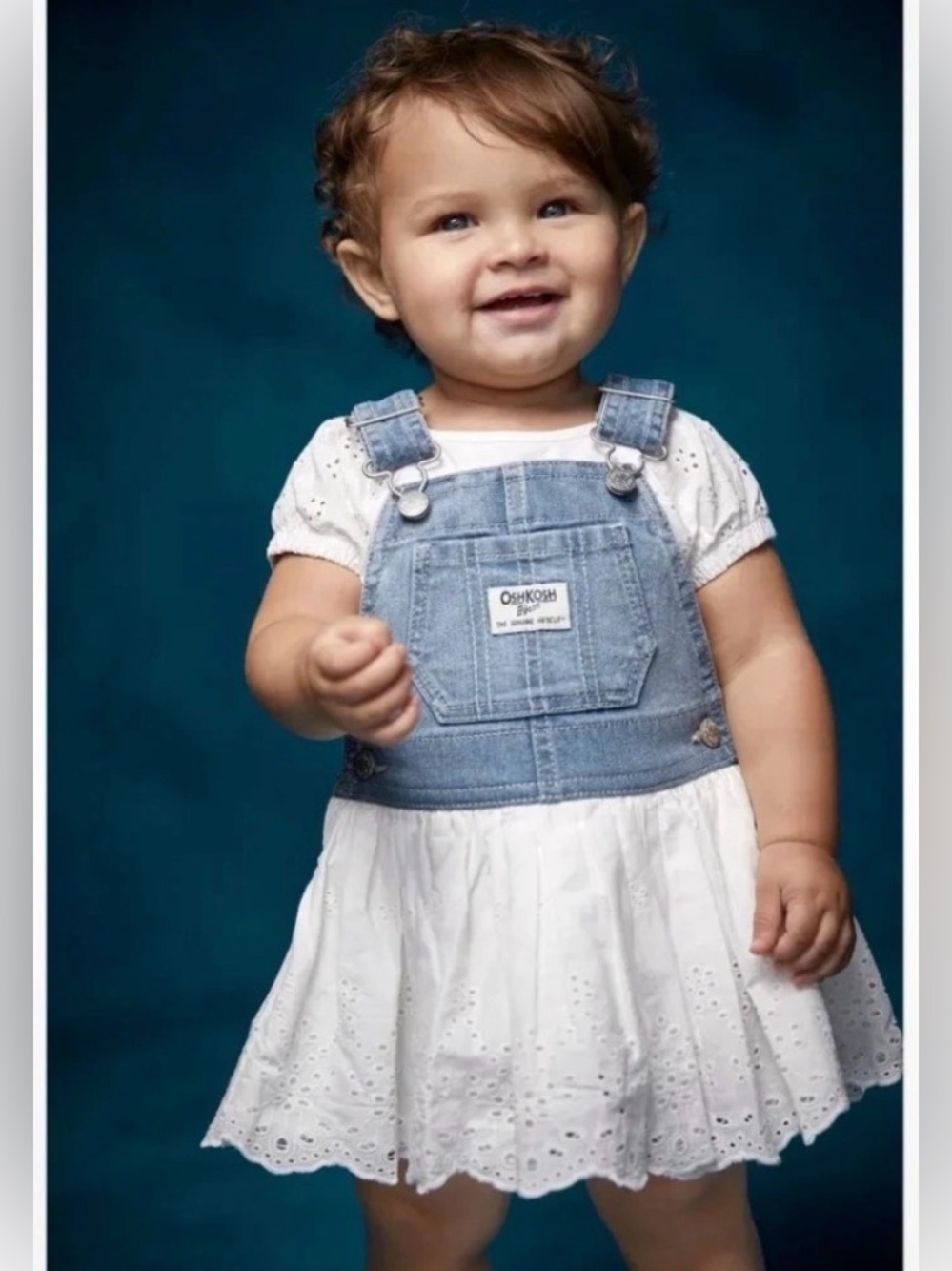 OshKosh B'gosh Light Blue Denim baby Overalls Dress with White Eyelet Skirt